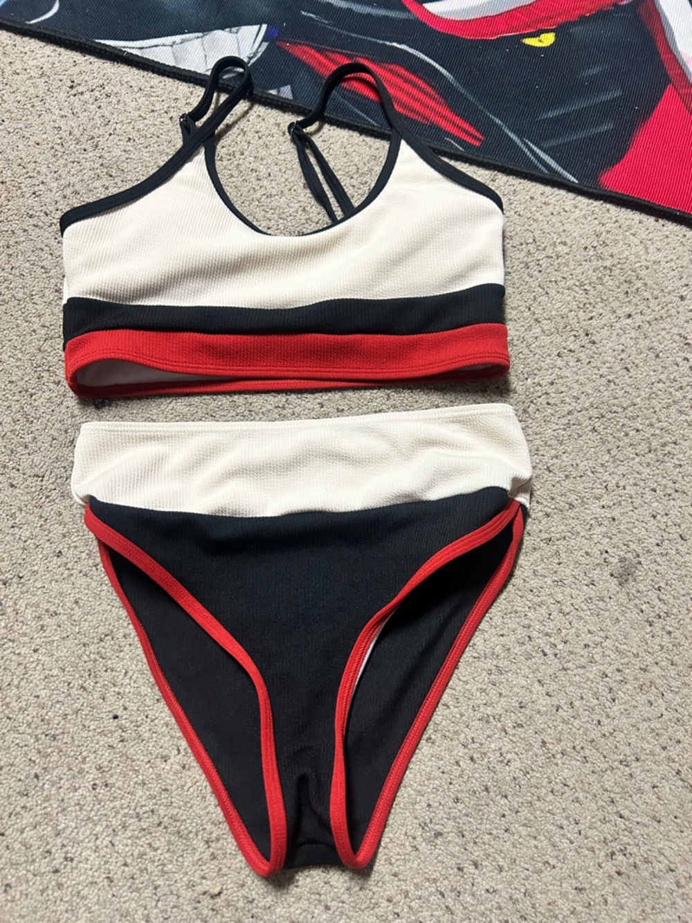 SHEIN Cream, Black & Red Colorblock Two-Piece Bikini